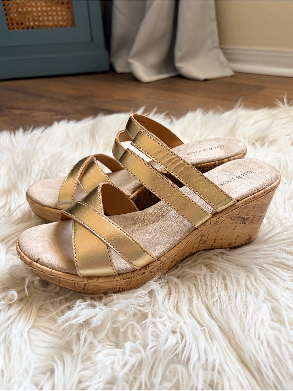G.H. Bass & Co. Metallic Gold Cork Wedge Slide Sandals